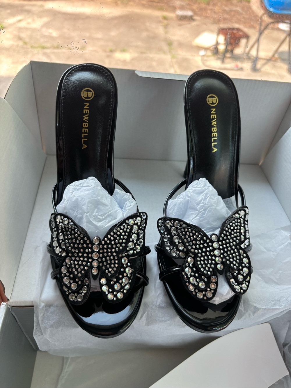 Newbella Black Rhinestone Butterfly Slide Heels